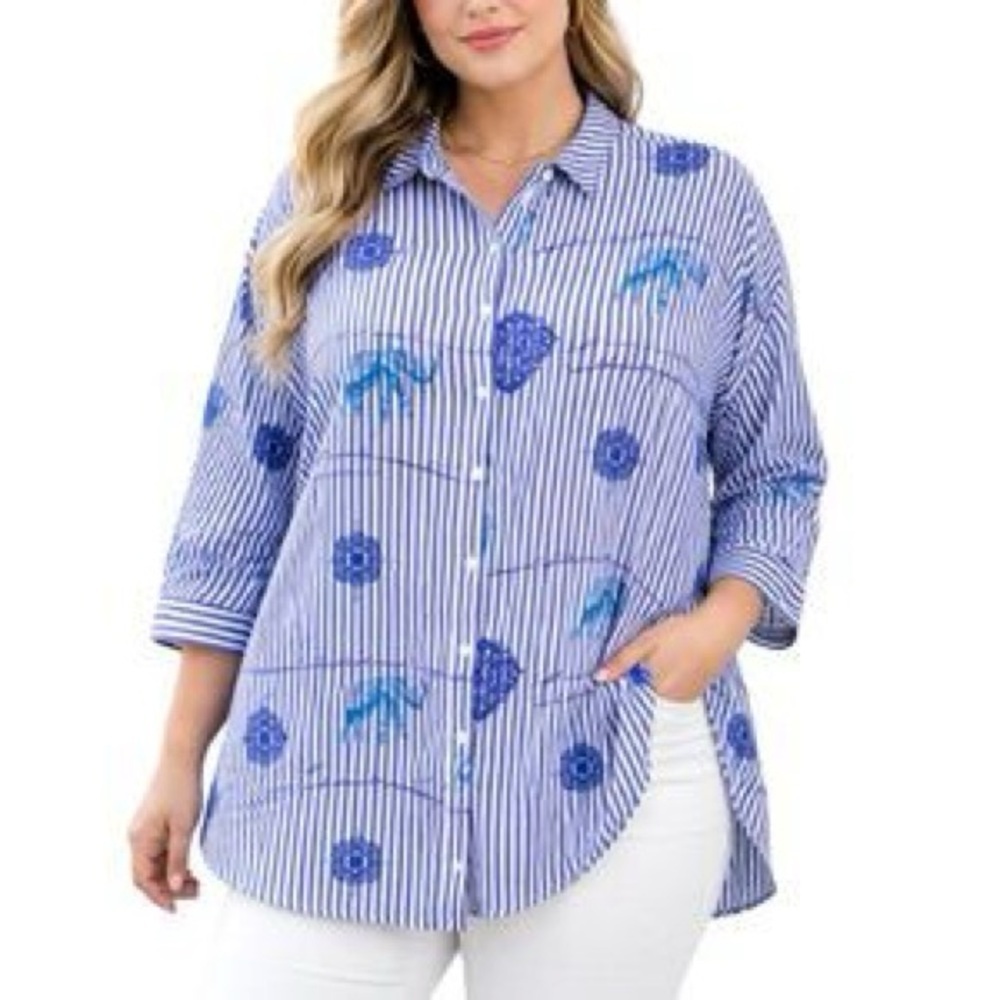 Chico's Blue and White Striped Button Down Elephant Floral Shirt Sz 1 or 8-10